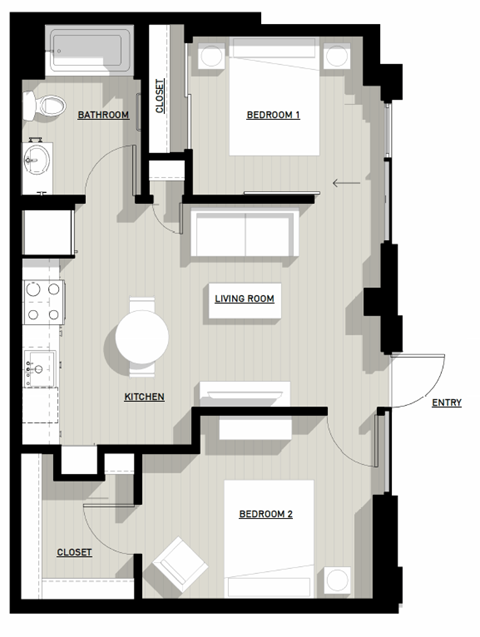 Floor plan for 2 beds, 1 bath, 784 sqft